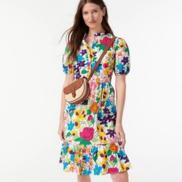 J. Crew Dresses & Skirts - J. Crew 100% Cotton Vibrant Multi-Color Floral Puff Sleeve Ruffle Hem Dress